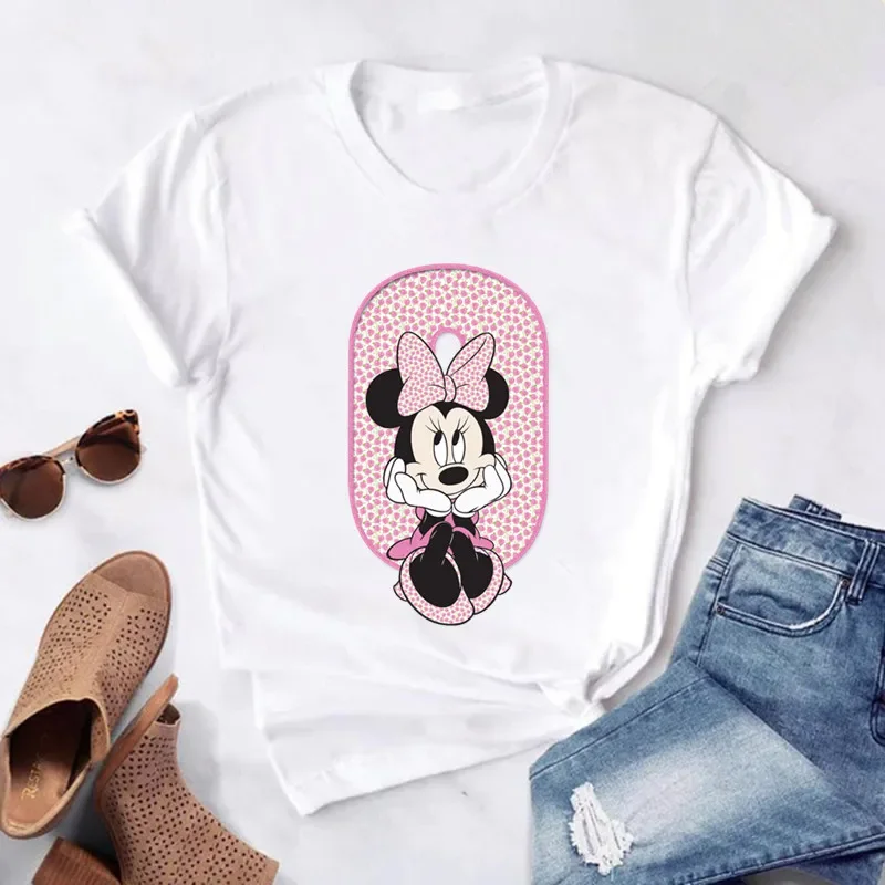 thumbnail image 1 of Camisetas de algodón de manga corta de verano para niños, camiseta rosa con letras de Minnie Mouse, fuente ABCDEFG, divertida y bonita para niño y niña, 1 of 5