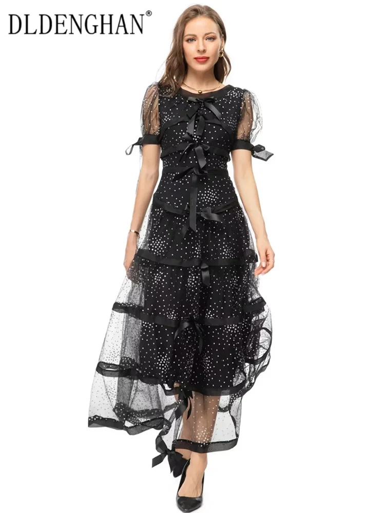 

DLDENGHAN Spring Summer Women Dot Mesh Dress O-Neck Short Sleeve Bow Vintage Party Large Pendulum Long Dress Fashion Runway New