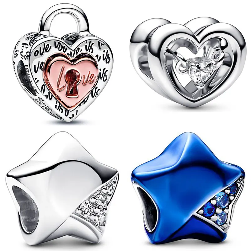 

Padlock Splittable Radiant Heart & Floating Stone Lucky Star Charm 925 Sterling Silver Beads Fit Fashion Bracelet DIY Jewelry