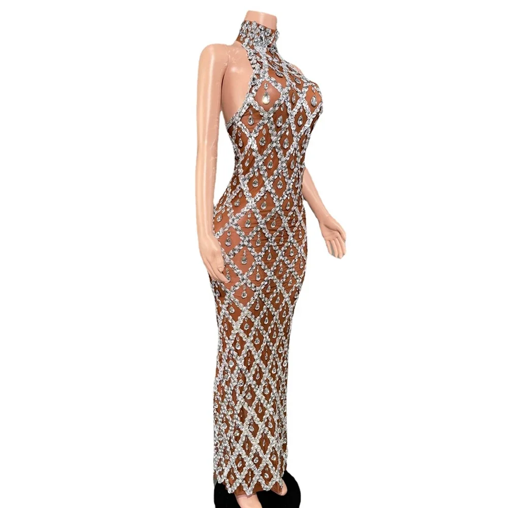 Rhinestones Dress Sparkly Sleeveless Long Elegant Dark Mesh Celebrate Evening Wedding Prom Gown Birthday Dress Photograph Wear rhinestones dress