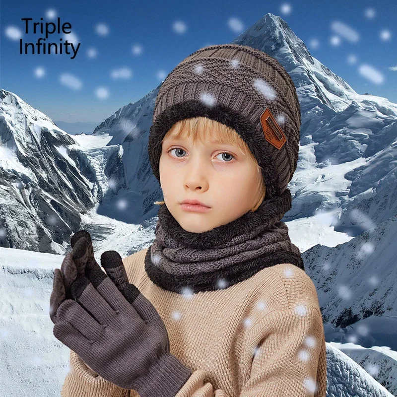 Child Winter Hats Fluff Lined Windproof Warm Gloves Outdoor Neck Protection Scarves Winter Set Thick Kids Knitted Bonnets
