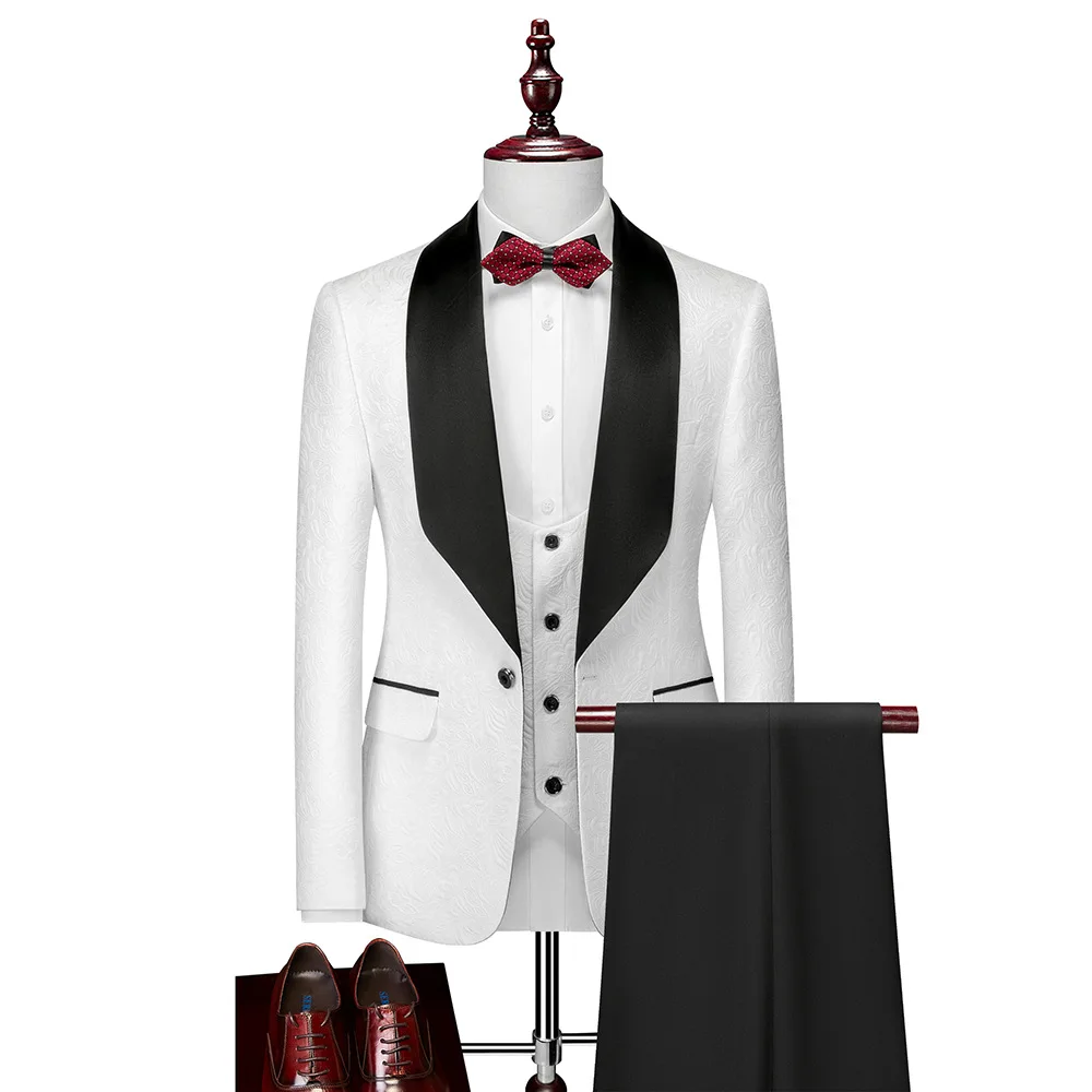 

White Dobby Wedding Tuxedos Groom Wear Mens Suits Slim Fit Black Collars Prom BestMan Groomsmen Blazer Jacket Vest Pants