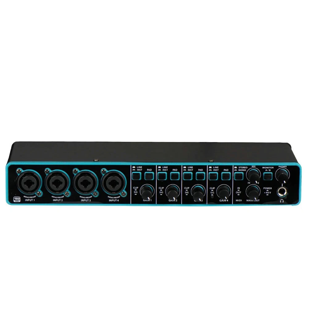 내장 마이크 프리앰프가 있는 USB 오디오 인터페이스, 스튜디오 녹음용, 4x4 입력 출력, 컴팩트 휴대용, 블랙