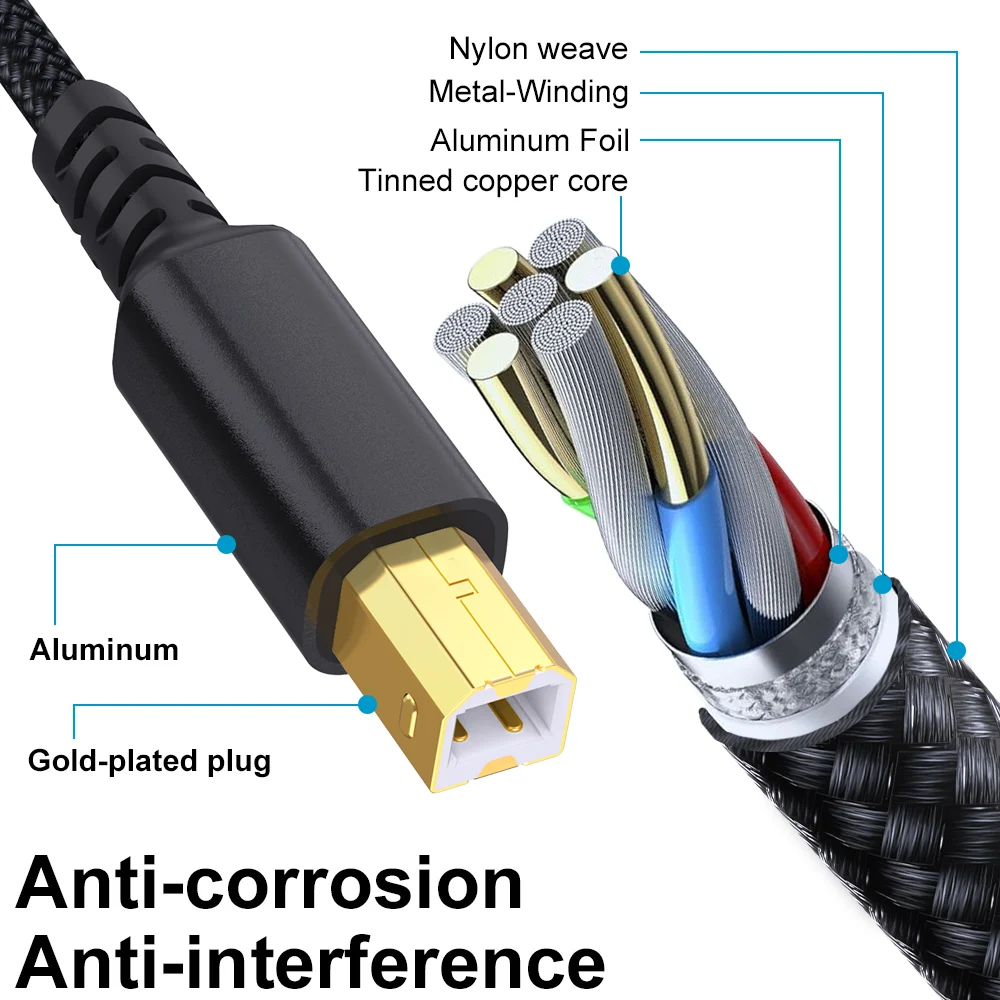USB B to USB C 프린터 케이블 플러그 앤 플레이 나일론 편조 프린터 스캐너 코드 (HP, 캐논, 엡손, 렉스마크 프린터, 스캐너, 복사기용)