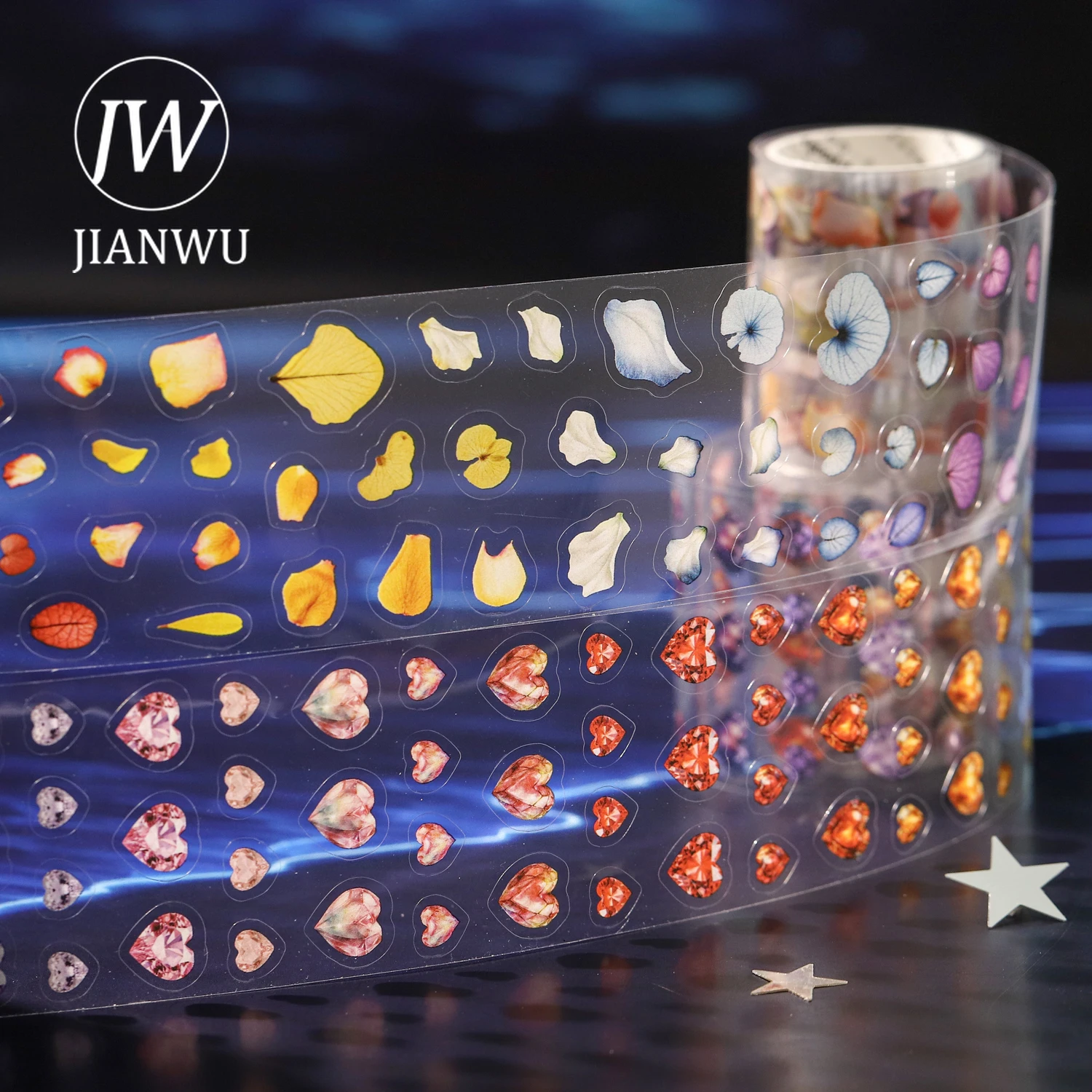 JIANWU 럭키 스타리 레인 시리즈 빈티지 꽃잎 다이아몬드 스타 풍경 소재 콜라주 PET 테이프 크리에이티브 DIY 저널 문구