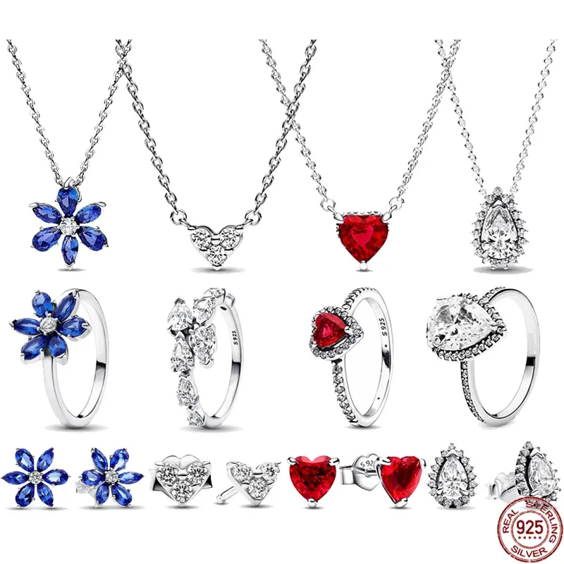 

Hot selling 925 sterling silver classic heart-shaped droplet shaped snowflake necklace ring earrings charm set fit DIY gifts