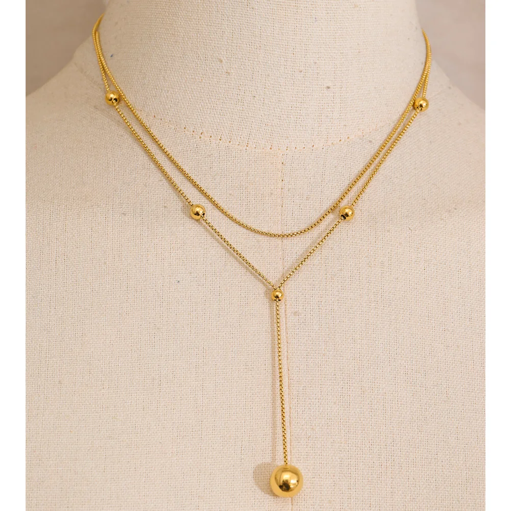 Yhpup Stainless Steel Double-Layer Chain Long Round Ball Drop Necklace
