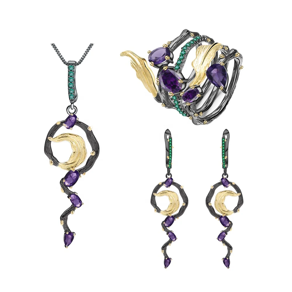 

N Natural Amethyst 925 Silver 3 Pieces Fine Jewelry Sets for Ladies