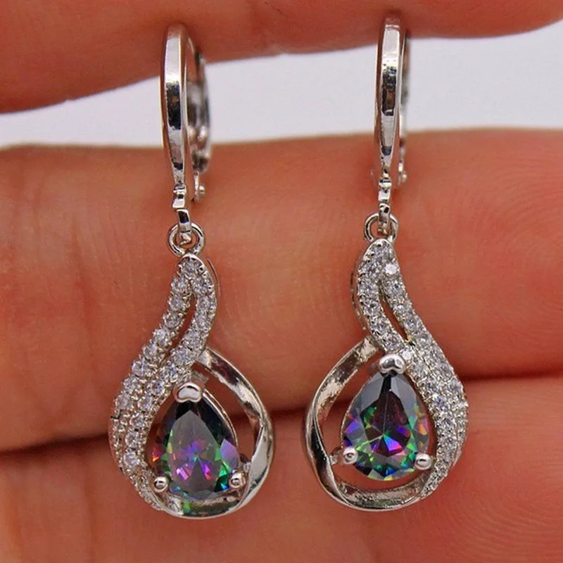 

Women's Rainbow Drop Earrings Silver Zircon Crystal Long Drop Earrings Boho