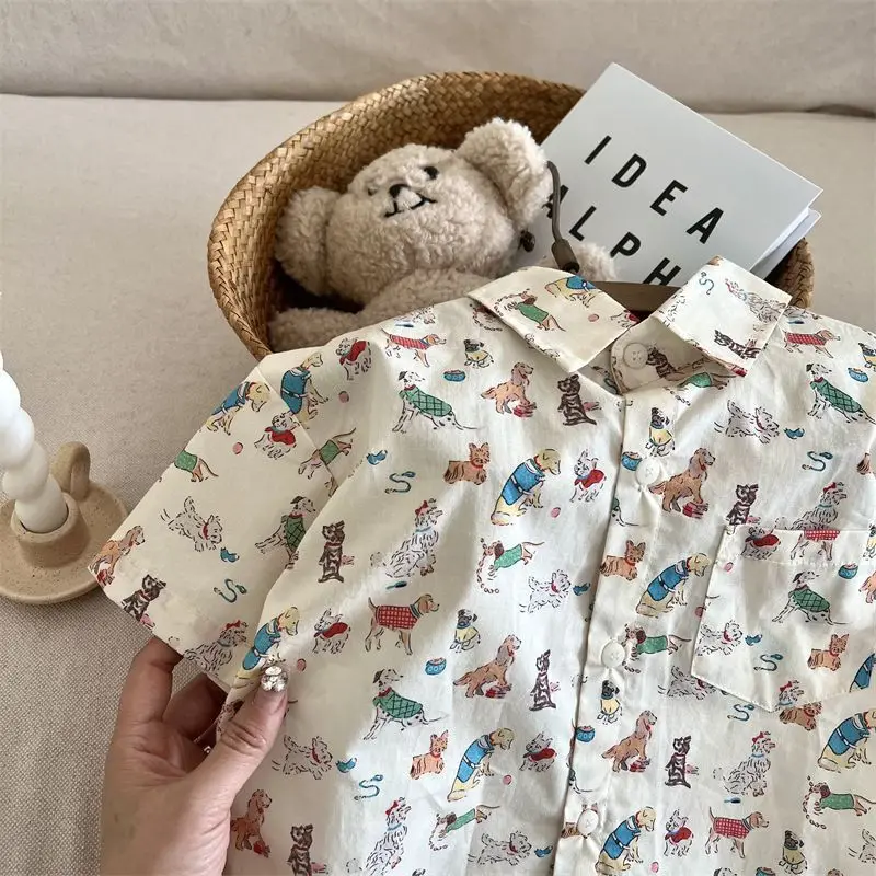 Summer New Boys Short Sleeve Shirts Cute Animal Print Girls Shirt Children Casual Tops Cotton Baby Clothes