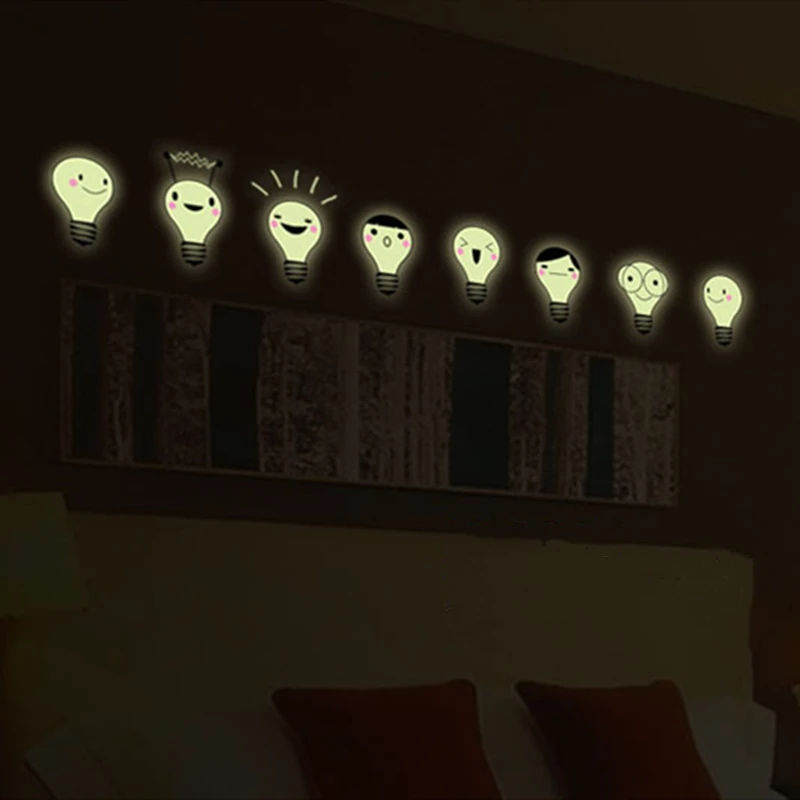 Kids Favorite Luminous Stickers Cartoon Smile Light Bulb Glow in the Dark Room for Home Decoration Study Bedroom Wall Art Decals