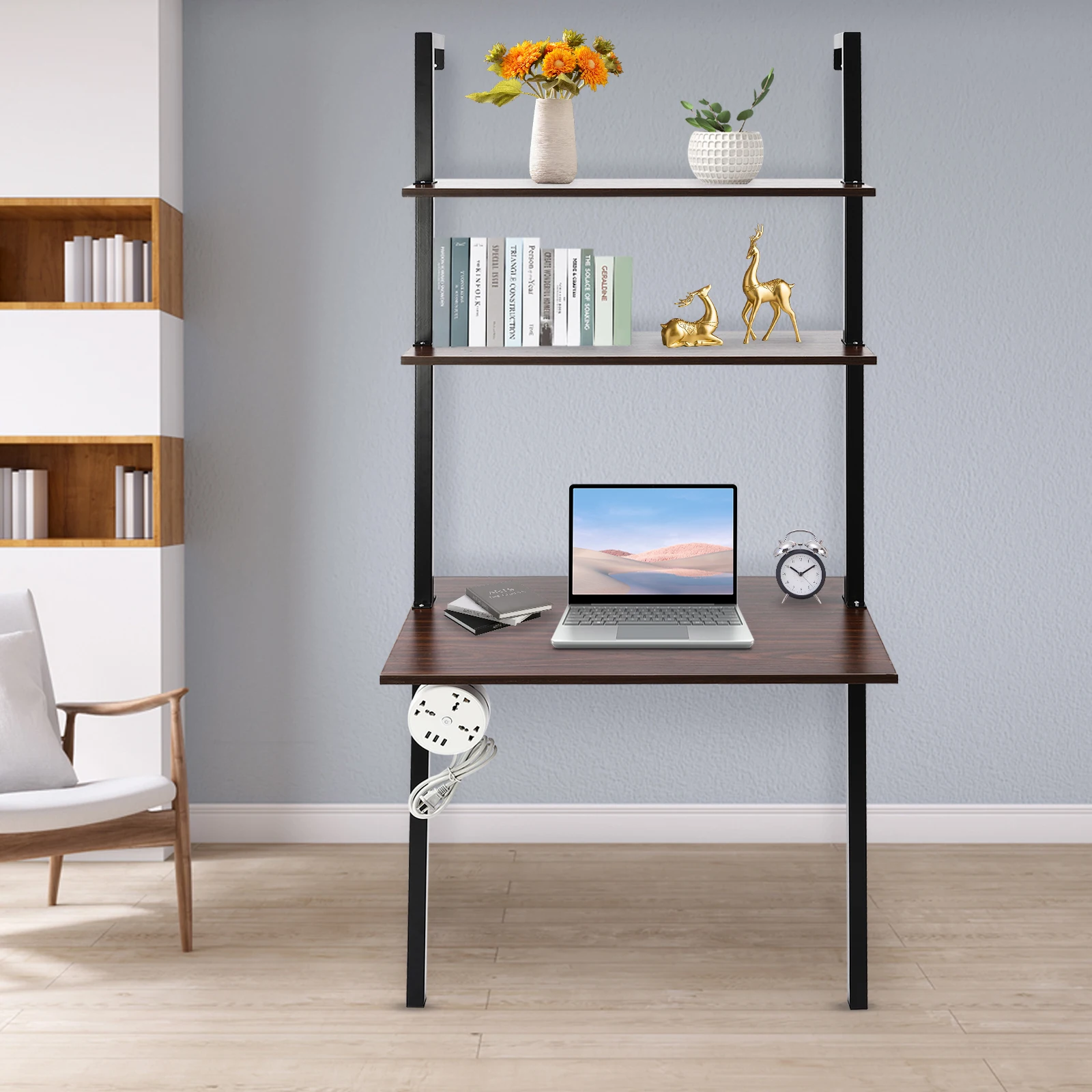 Wall Mount Desk 3 Tiers Computer Writing Table Laptop Industrial Bookcase Floating Pipe Ladder with Shelf for Home Office School 3