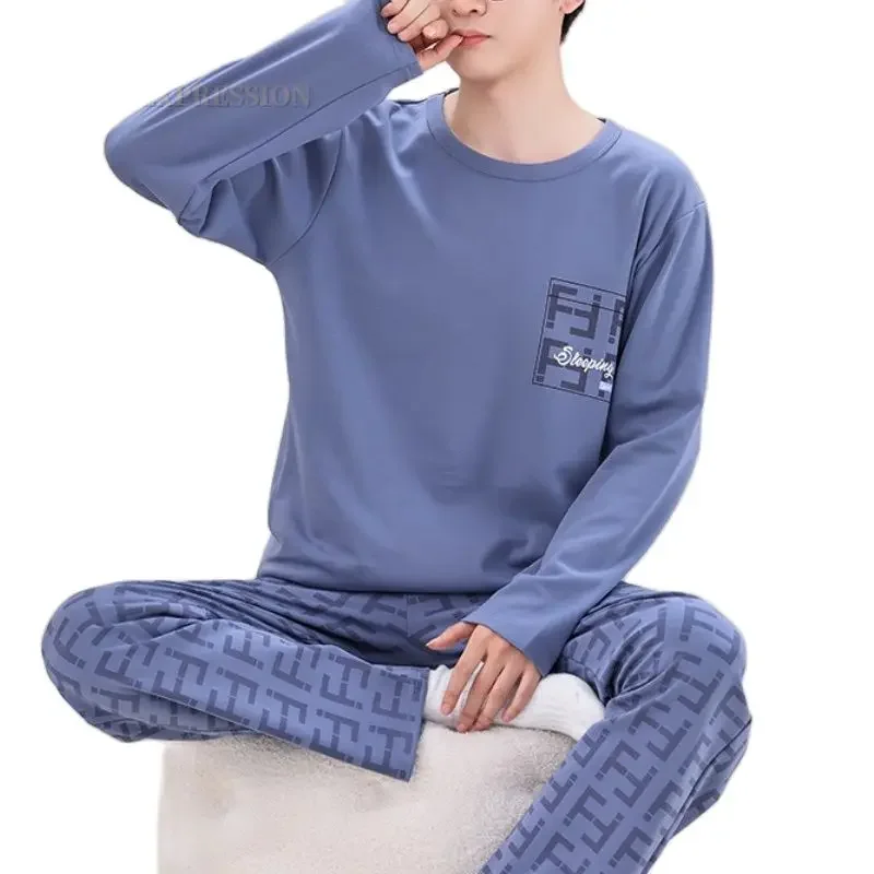 

Spring Autumn Plus 5XL Knitted Men's Sleepwear Letter Lattice Pajamas Plaid Pajamas Sets Casual Loungewear Pyjamas Night Fashion