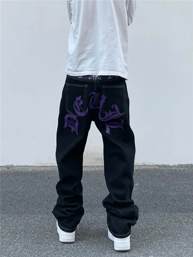 High Street Embroidery Letter Straight Tube Loose Black Jeans Male American Hip Hop Hiphop Retro All Match Pants Tide