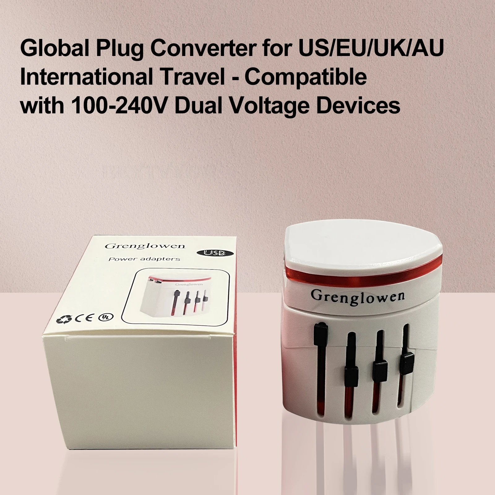 Grenglowen Universal Travel Power Adapter with USB - Global Plug Converter for U
