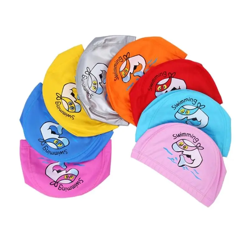 Kids Children Swimming Cap Waterproof PU Fabric Cute Cartoon Animal Dolphin Protect Ears Long Hair Boys Girls Swim Pool Caps Hat 2