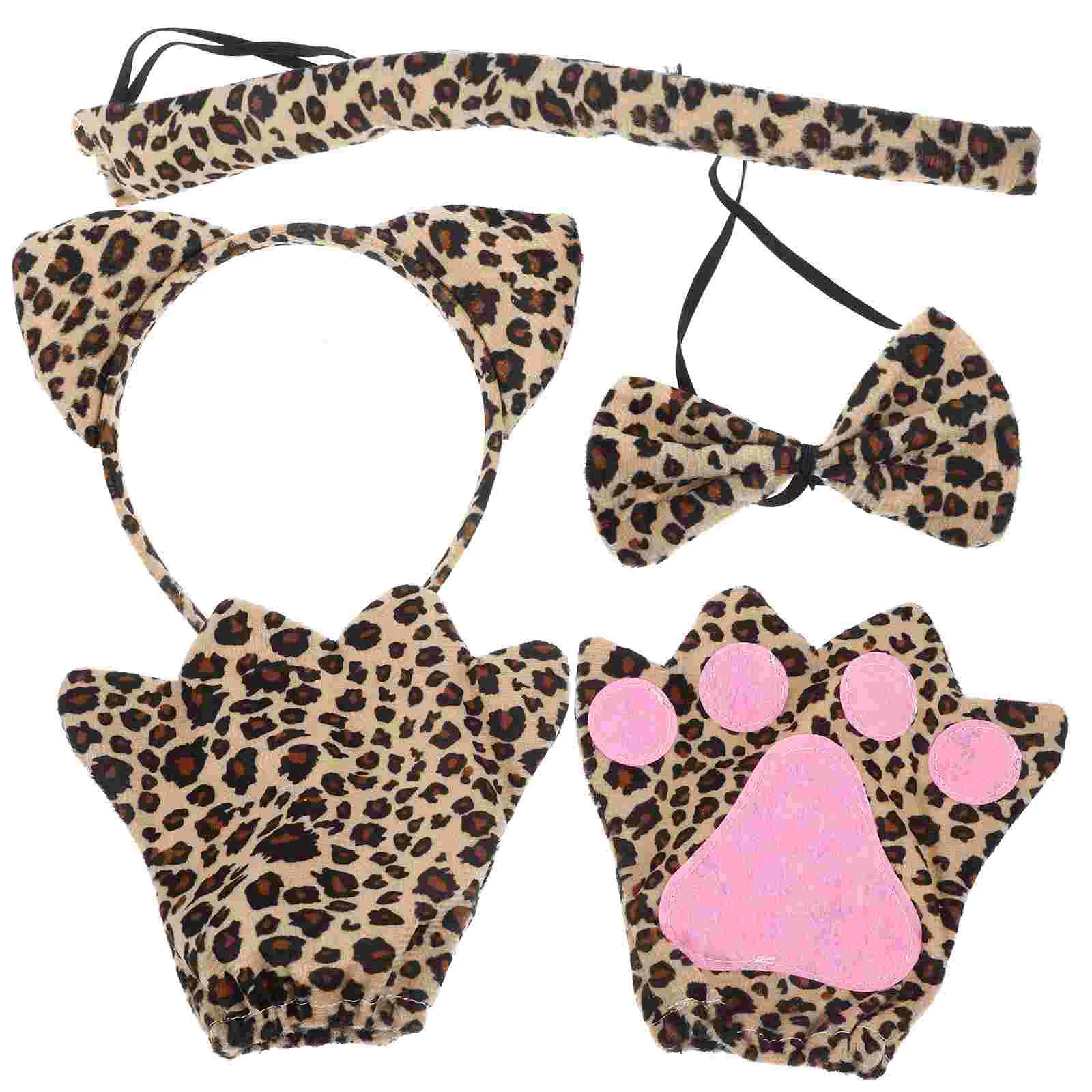 Make up Leopard Print Headband Set Women's Costumes Gloves Short Plush Cosplay Suit 2
