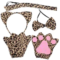 Make up Leopard Print Headband Set Women's Costumes Gloves Short Plush Cosplay Suit 2