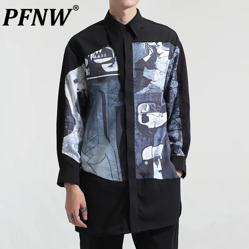 

PFNW Spring Summer Men's Chic Print Anime Shirts Leisure Lapel Darkwear Personality Abstract Illustration Handsome Tops 12A8304