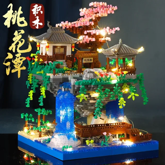 3320 Pcs Tree House Mini Diamond Block Particle Peach Blossom Pool Traditional With Light Chinese Architecture Building Blocks 2