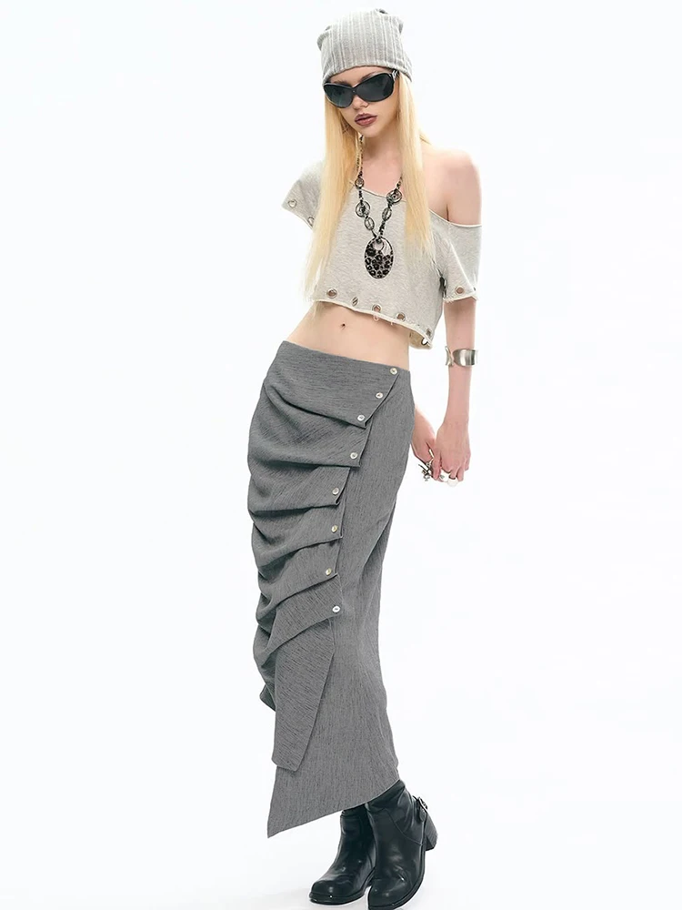 Nibber Button Folds Skirts Women Irregular Hem Skinny Office Style Commute Simple Classic Autumn Trend Street Elegant  Outfits