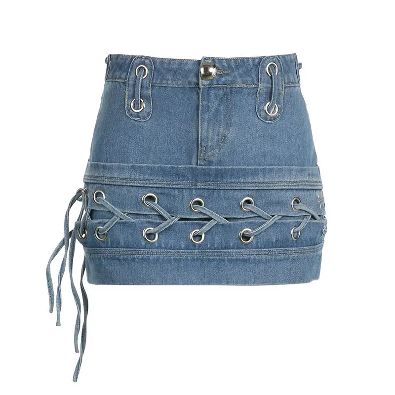 Denim Skirt Low Rise Cross Bandage Skinny Mini Jean Skirts Chic 2024 Summer Women Korean Fashion Harajuku Y2k Streetwear