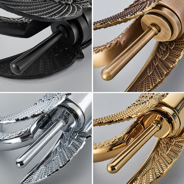 Uythner Luxury Swan อ่างล้างหน้าทองเหลืองก๊อกน้ําเย็นและน้ําร้อนผสมก๊อกสีดํา/ทอง/โบราณห้องน้ําอ่างล้างหน้า Crane 4