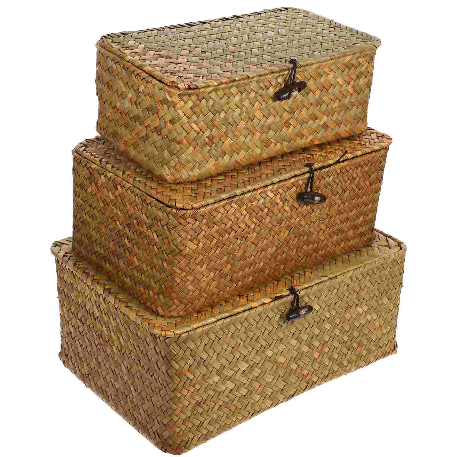 

3Pcs Handwoven Natural Seagrass Nesting Storage Baskets Woven Organizer Bins Storage Box With Button and Lid for Kitchen