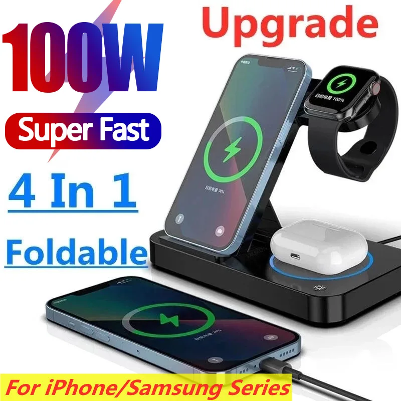 

100 Вт 4 в 1 Складная Беспроводная зарядная станция для iPhone 14 15Pro Apple Watch 7/6 для Samsung Galaxy Watch зарядные устройства 4/3 S22 S21