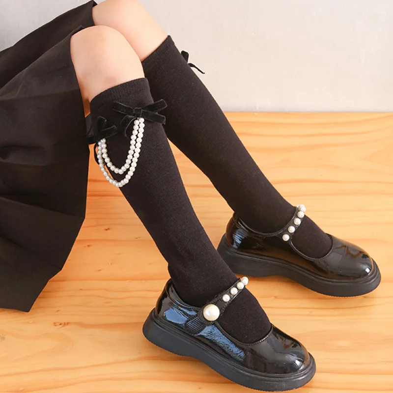 Baby Princess Kids Girls Knee High Long Sock Children White Black Pearl Bow Calf Children Sock Soft Cotton School Pile Stockings