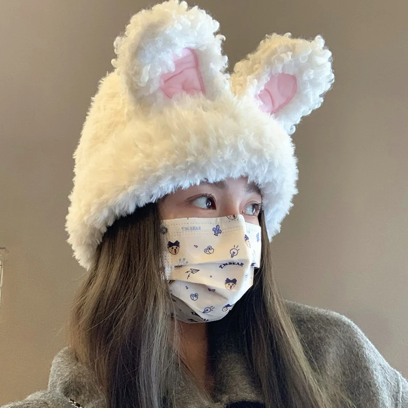 Cute Plush Rabbit Ears Wool Hat Women Autumn And Winter Warm Simple Knitted Cap Sweet Versatile Ear Protector Beanie Hats