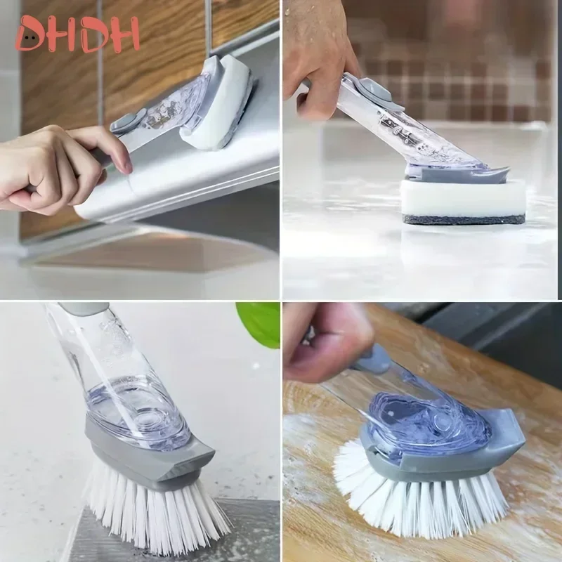 Kitchen Specific Press Type Long Handle Washing Pot Brush Refillable Liquid Cleaning Brush Non-Stick Oil Liquid Adding Pot kitchen pot brush kitchen cleaning brush kitchen cleaning tool