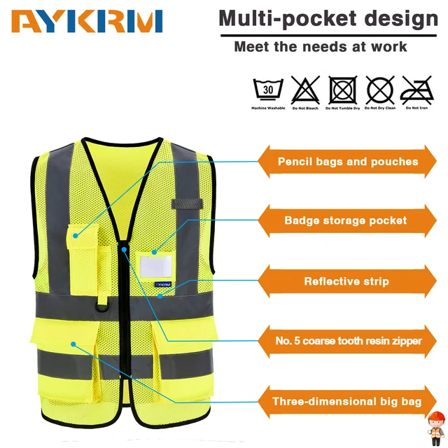 AYKRM 21 Colour （XS-8XL) Hi Vis Viz High Visibility Reflective Zip Pocket Security Waistcoats Jacket Workwear Vests 5