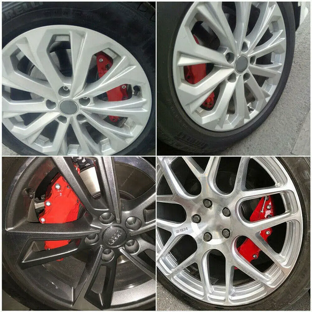 4Pcs 3D Car Disc Brake Caliper Covers Front & Rear Kit Red Plastic Car Caliper Cover Decoration Auto Brake Cover