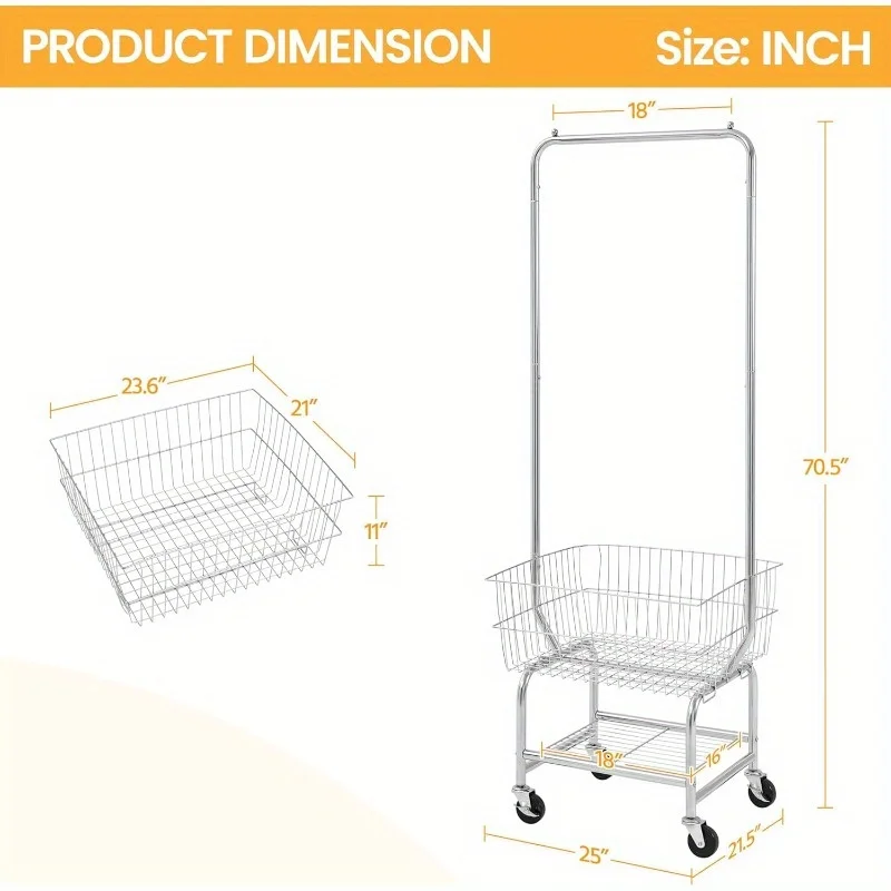 Yaheetech Wire Commercial Rolling Laundry Cart Laundry Basket with Garment Rack Laundry Butler with Basket Laundry Hampe 4