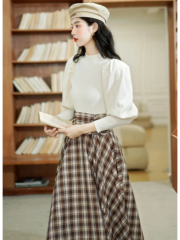 Fashion Plaid Long Skirt Women Summer Autumn High Waisted