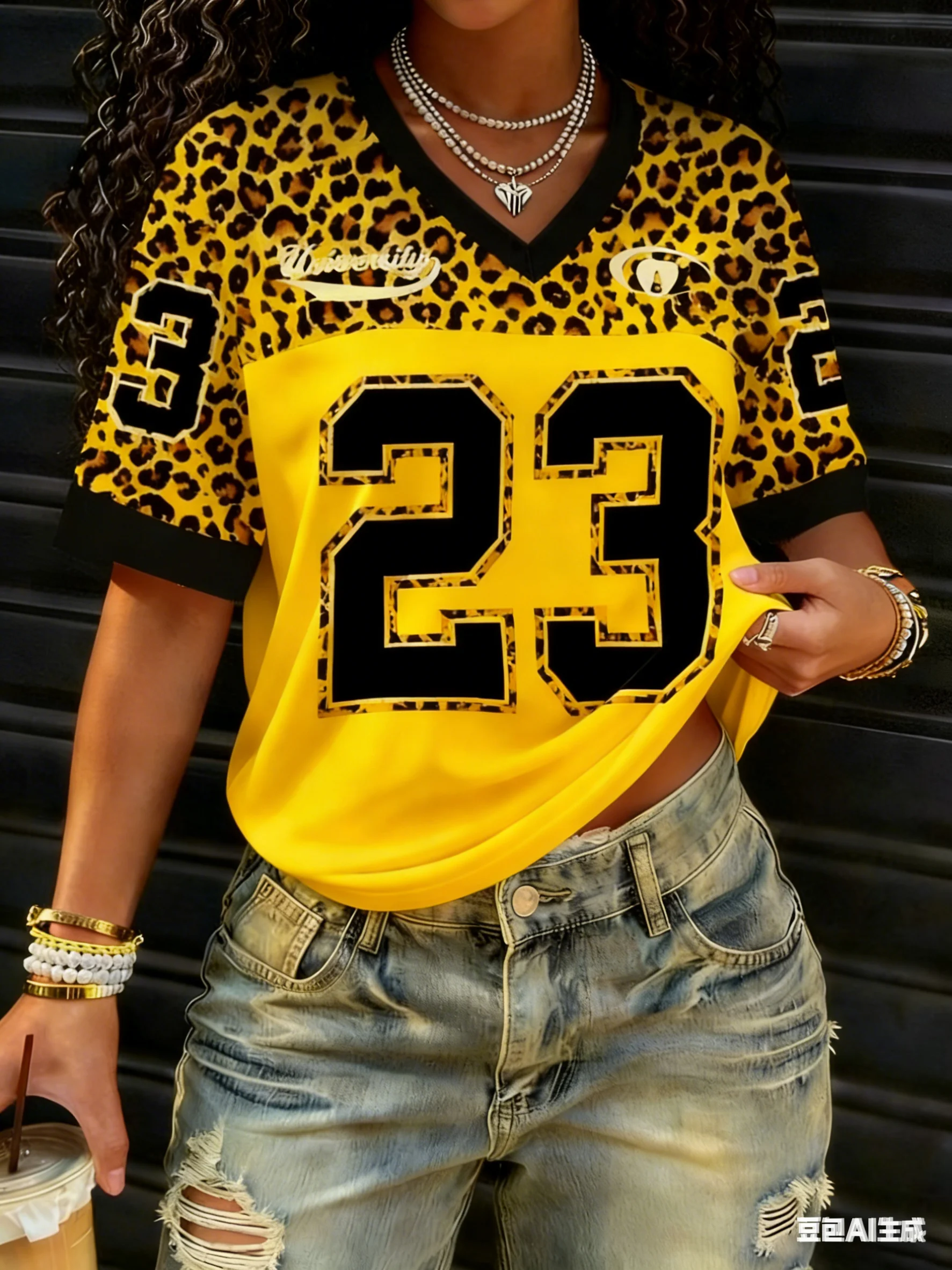 2026 Bestseller Damen Nummer 23 Leopardenmuster Bequemes Atmungsaktives Loses V-Ausschnitt Kurzarm Baseball T-Shirt Damen T-Shirt – Detail 4