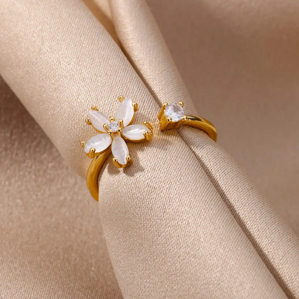 Opal Flower Rings Cubic Zirconia Stainless Steel For Women