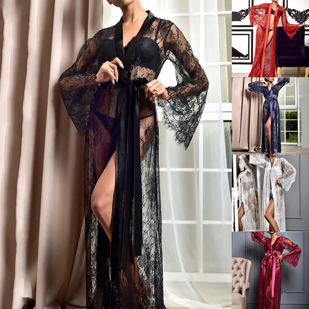 Sexy Womens Lingeries Long Lace Mesh See Through Sleepwear Nightdress Babydolls Nightgown Robes Pajamas Loungewear