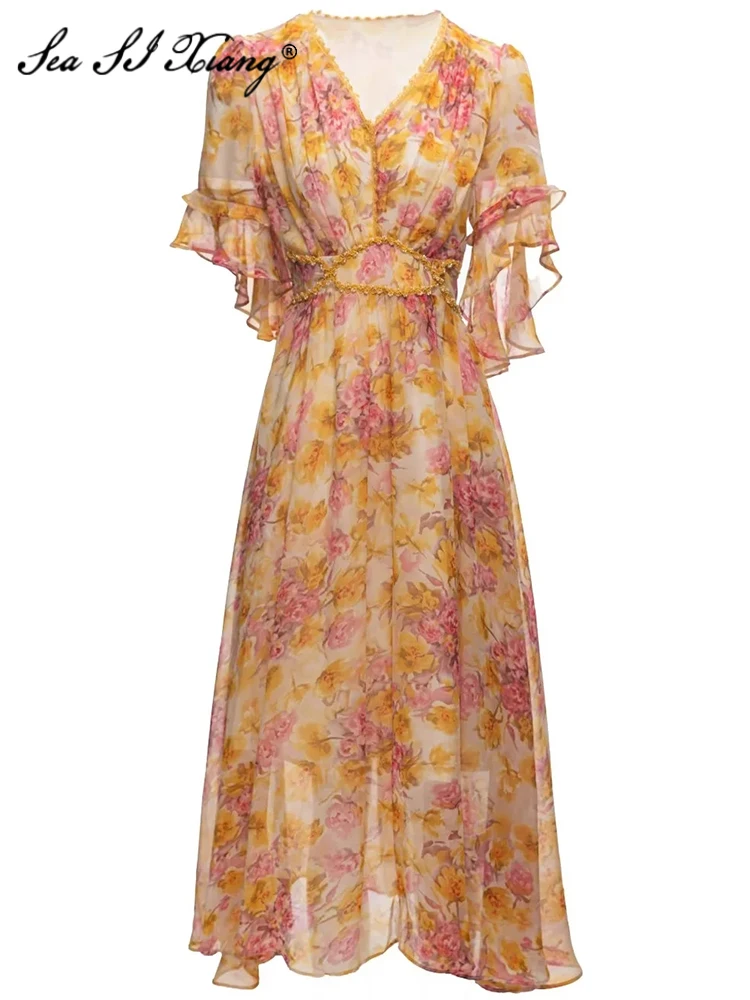 

Seasixiang Fashion Designer Summer Dress Women V-Neck Flare Sleeve Beading Flowers Print Elastic Waist Vintage Party Dresses