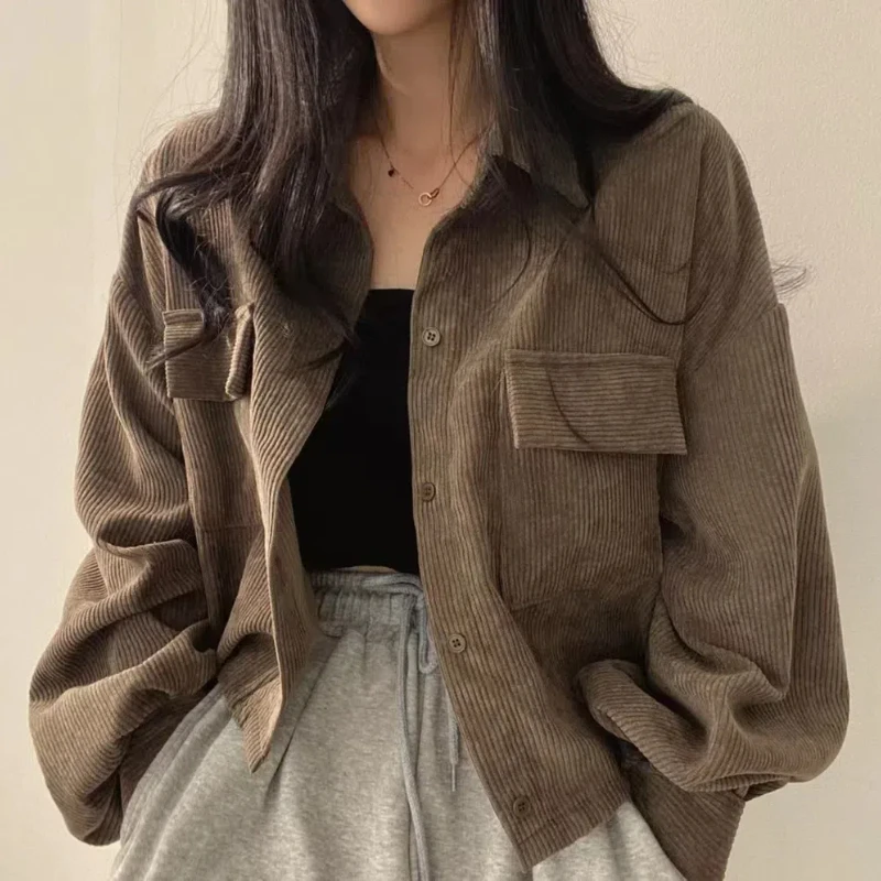 New Fashion Retro Versatile Coat Single Breasted Collar Corduroy Shirt Long Sleeve Women's Top 166