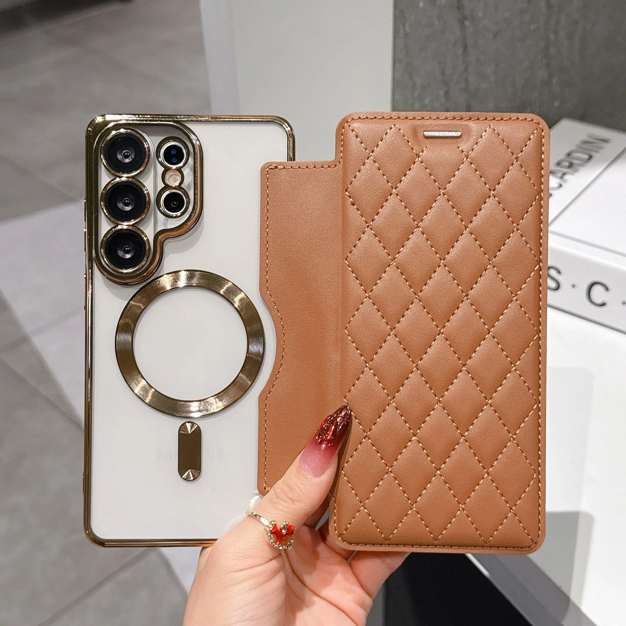 Premium PU Leather Magnetic Flip Wallet Case with Card Slots and Wireless Charging Compatibility
