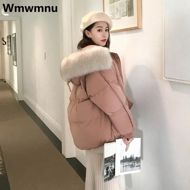 두꺼운 후드 짧은 다운 코튼 파카 겨울 인조 모피 칼라 재킷, 스노우 한국 퀼트 코트, 따뜻한 여성 패딩 아우터 