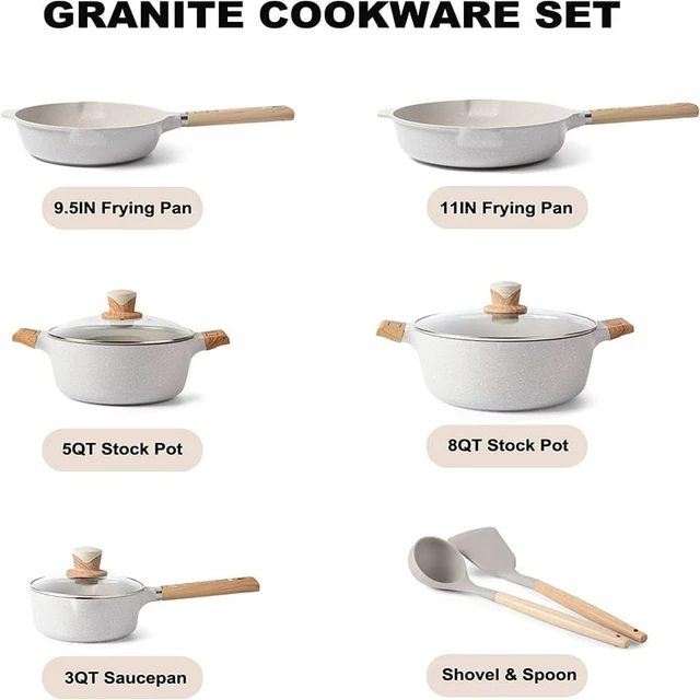 Caannasweis Pots and Pans Set Nonstick Cookware Sets Kitchen Cooking Pot Granite Frying Pans 20 Pieces, Gray