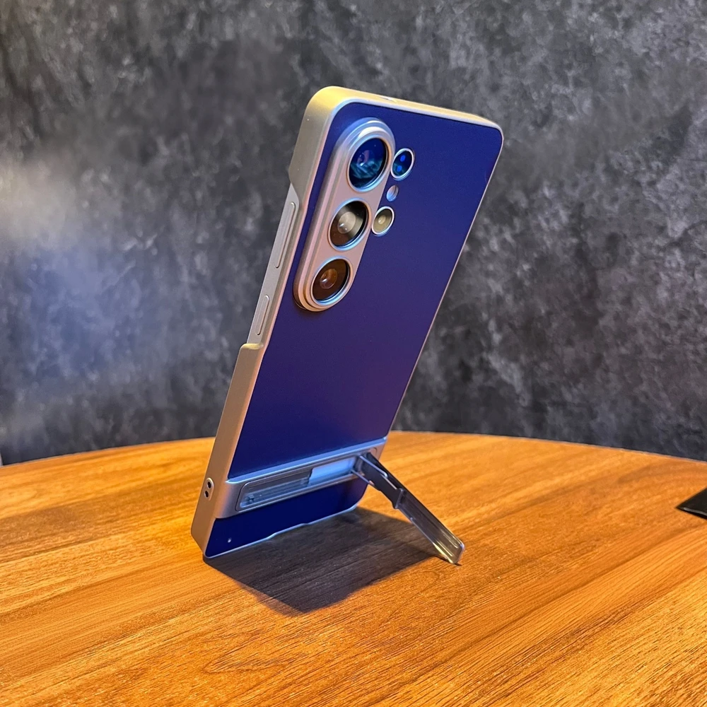 Business Lichee Leather Matte Phone Case with Invisible Stand and Plating Finish