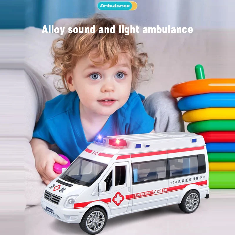 1:32 Simulation Diecast Alloy Ambulance Model Pull Back Sound and Light Police Metal Car City Fire Truck Kids Toy Gift