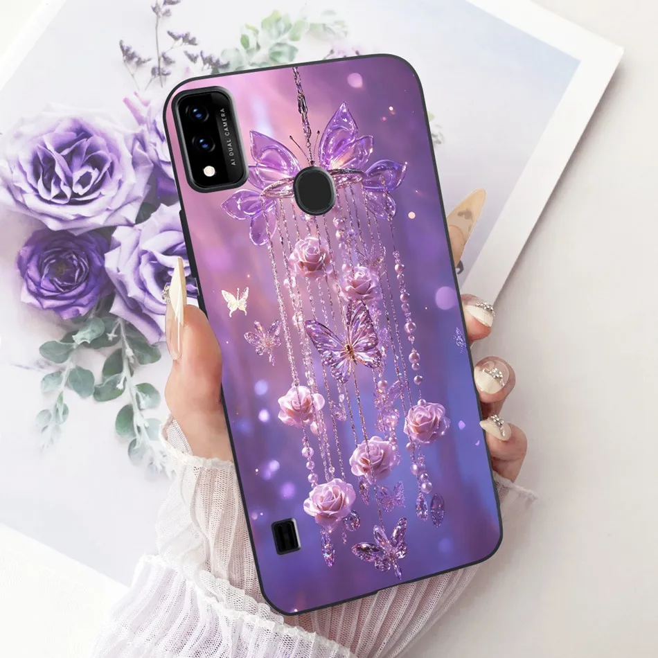 Charming Floral Butterfly Cat Black Silicone Phone Case