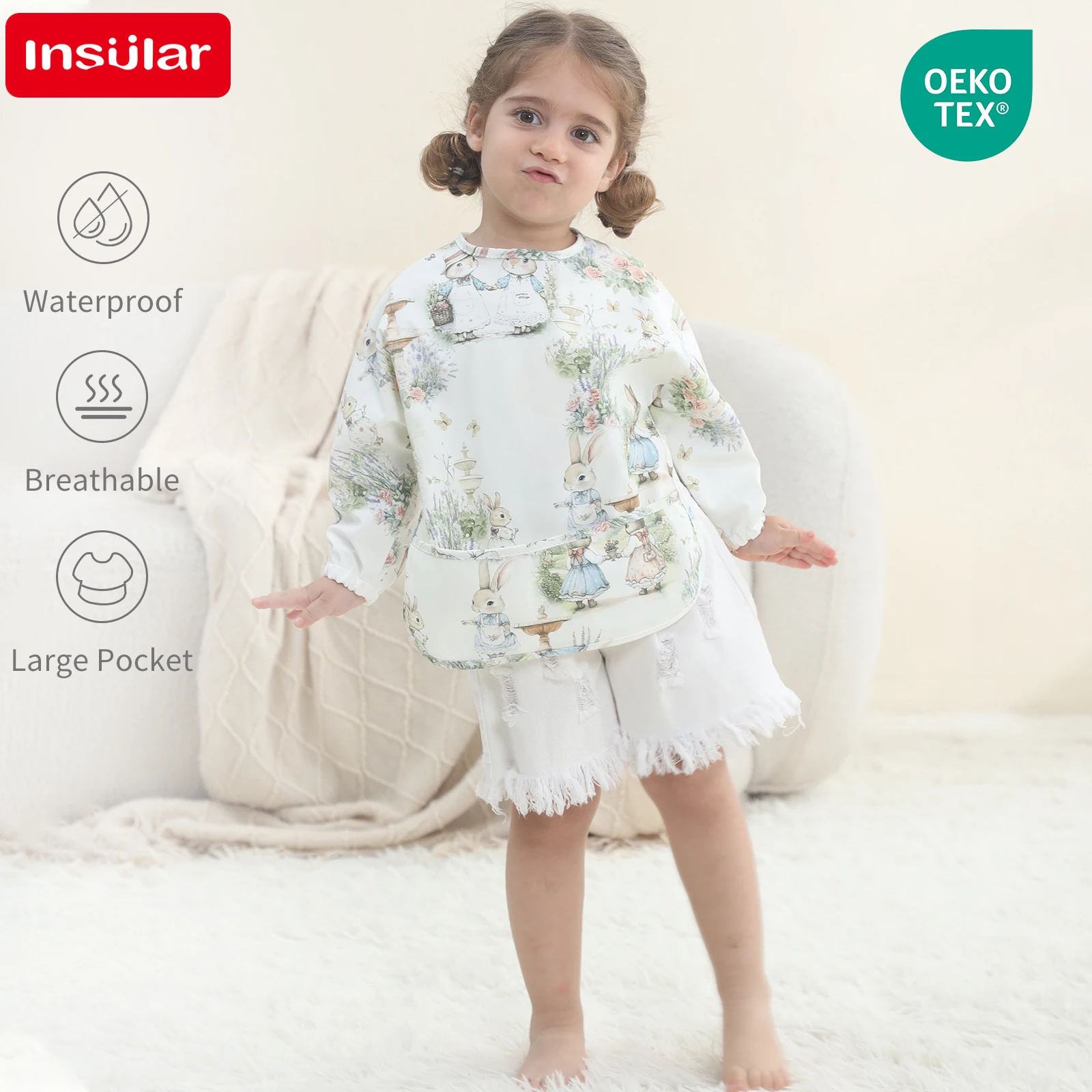 INSULAR  앞치마 역방향 착용 방수  턱받이 거꾸로 입는  식사복 100% PU 보호복 0-1세용