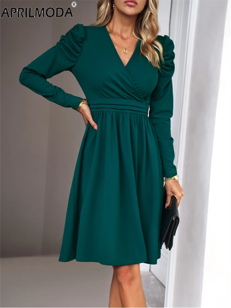 

Autumn Winter Solid Women Flare Casual Dress Long Sleeve Ruched Retro Vintage Runway Office OL Dress Elegant Ladies Party Dress