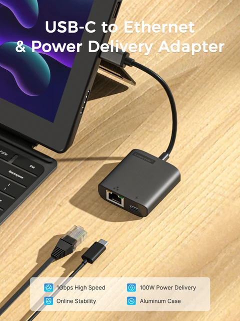 USB-C to Gigabit Ethernet Adapter with 100W Power Delivery, PD 3.0